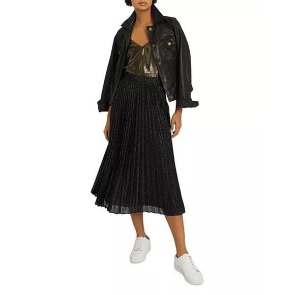 NWT: REISS Marianne Pleated Metallic Mesh Midi Skirt Black US 10 (K354) - Picture 3 of 11